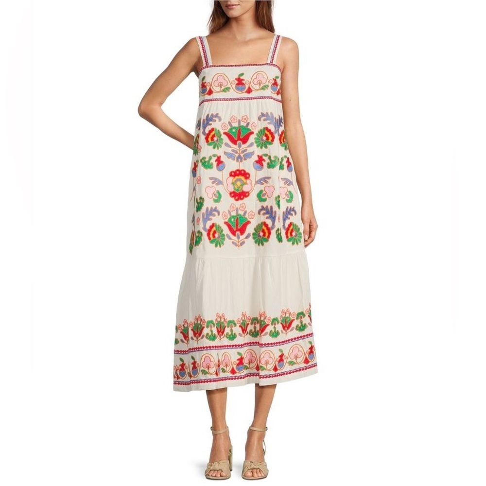 J. Marie The Landon Embroidery Square Neck Sleeveless MIDI Dress NEW